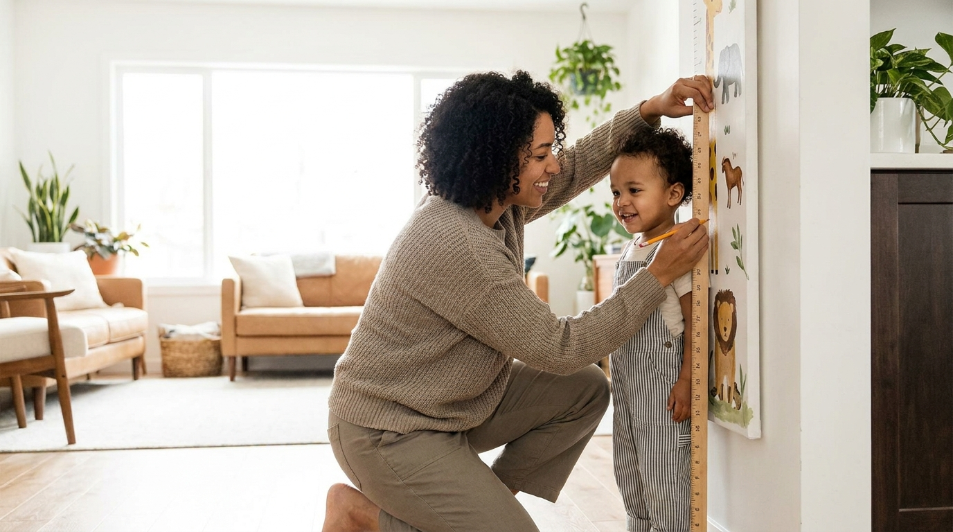 Parent measuring a toddler's height against a growth chart on the wall